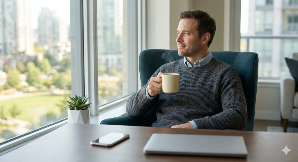 A relaxed man looks out a window on a bare desk with a coffee for a financial freedom visual metaphor