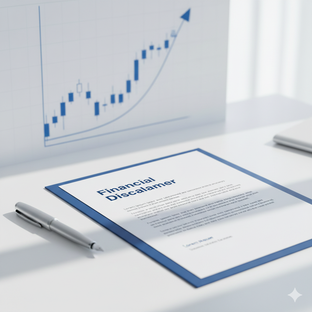 Financial disclaimer document on desk with calculator and stock market charts