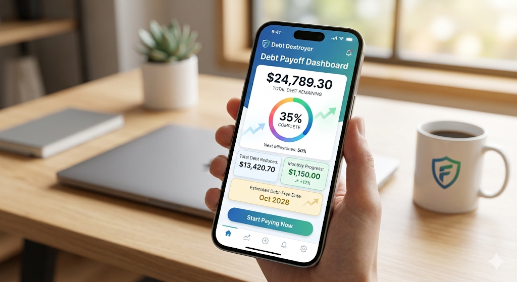 A focused smartphone screen displays a detailed debt payoff app dashboard with progress and remaining balance.
