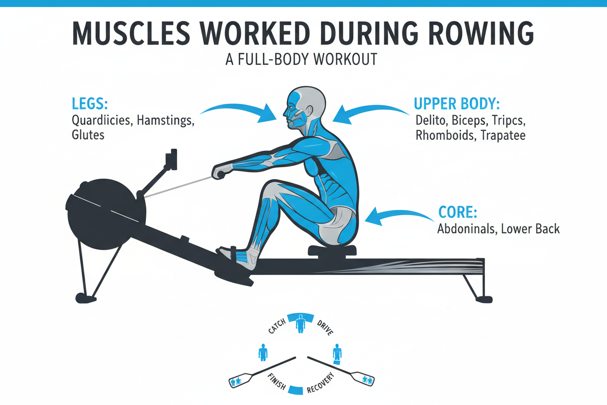 Low Impact Workouts for Weight Loss: The Complete Guide rowing as low impact full body workout โ muscle activation diagram