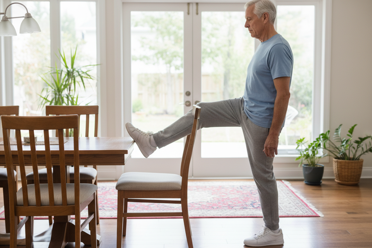 15 Effective Low Impact Workouts for Seniors: Safe & Easy low impact balance exercises for seniors — standing side leg lifts for hip strength