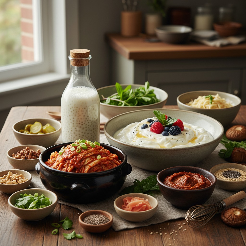 Best Foods for Gut Health: 20 Science-Backed Picks Best Foods for Gut Health-fermented foods spread, including yogurt, kimchi, kefir, and miso
