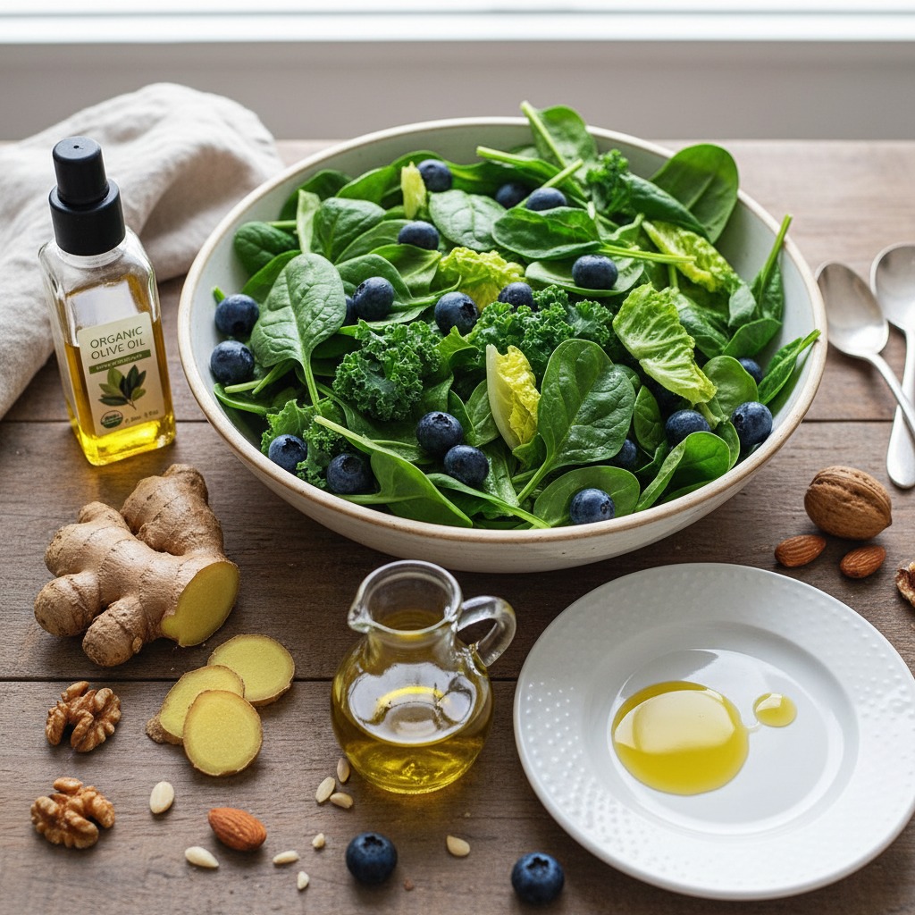 Best Foods for Gut Health: 20 Science-Backed Picks anti-inflammatory gut foods including blueberries, leafy greens, ginger, and olive oil