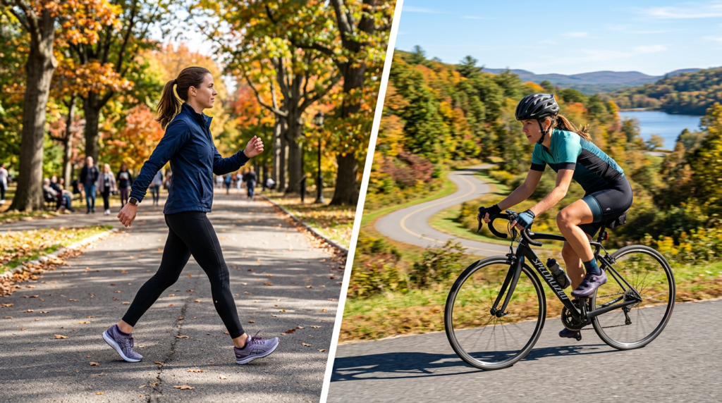 Walking vs Cycling for Fat Loss: The Winner for Weight Loss Woman walking briskly in autumn park and woman cycling on winding road with fall foliage