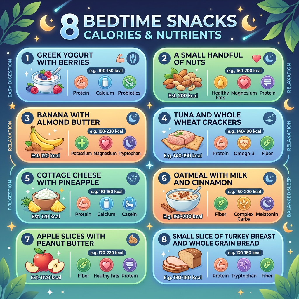 Eight bedtime snacks with calorie counts and key nutrients for digestion, relaxation, and balanced sleep