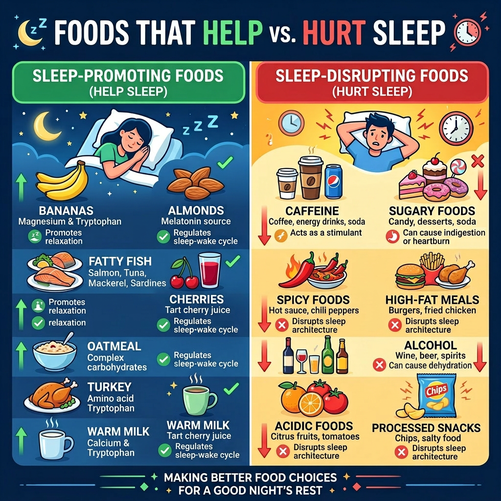 Comparison of sleep-promoting foods like bananas, almonds, and turkey versus sleep-disrupting foods like caffeine, sugary foods, and spicy foods.